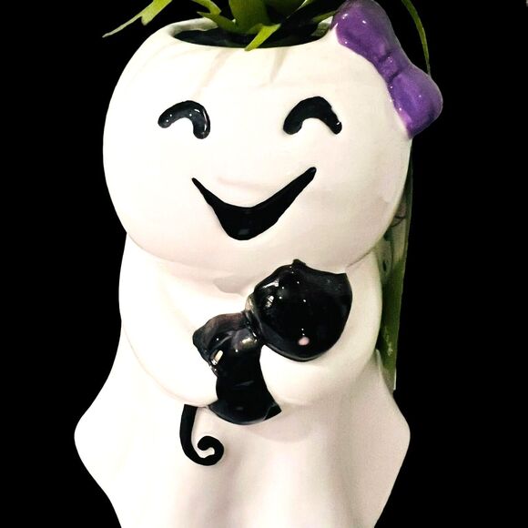 Halloween Girl Mom Black Cat Planter Pot Faux Succulent Plant - Picture 3 of 4